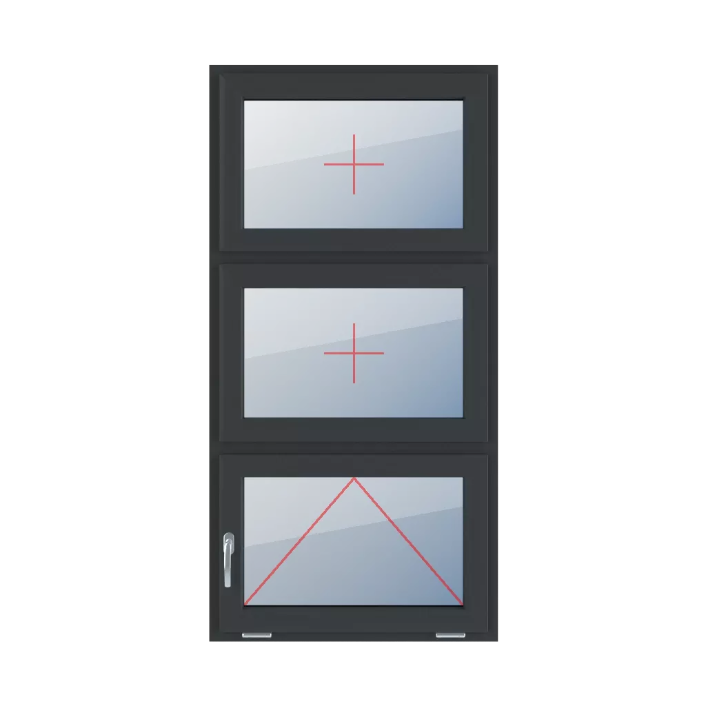 Vitrage fixe dans le châssis, articulé avec une poignée sur le côté gauche fenetres type-de-fenetre triple-vantaux division-verticale-symetrique-33-33-33  