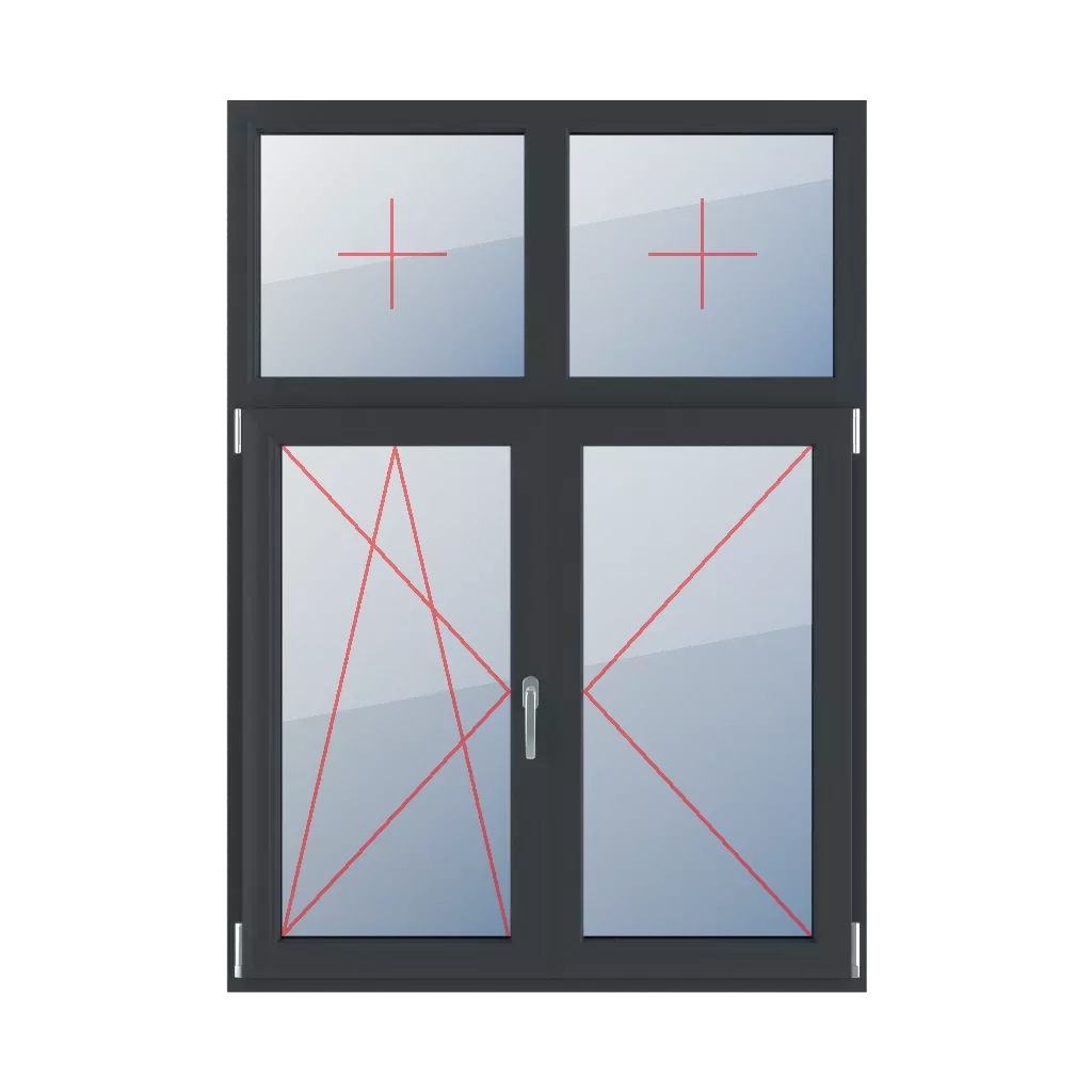 Vitrage fixe dans le cadre, oscillo-battant à gauche, meneau mobile, tournant à droite fenetres type-de-fenetre quatre-vantaux division-verticale-asymetrique-30-70-avec-un-poteau-mobile  