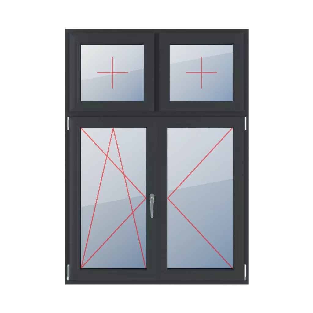 Vitrage fixe dans le châssis, oscillo-battant à gauche, meneau mobile, tournant à droite fenetres type-de-fenetre quatre-vantaux division-verticale-asymetrique-30-70-avec-un-poteau-mobile  