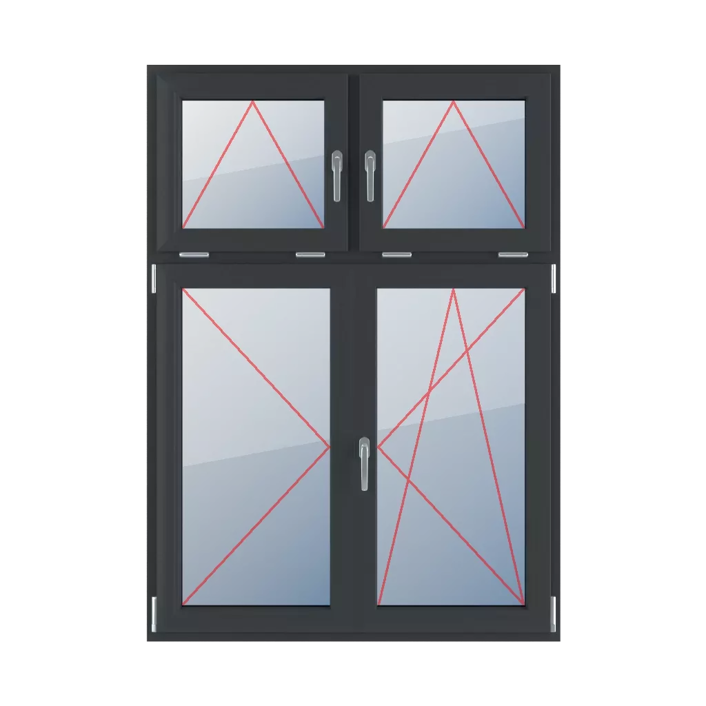 Poignées articulées au milieu, charnières à gauche, poteau mobile, charnières à droite tournées fenetres type-de-fenetre quatre-vantaux division-verticale-asymetrique-30-70-avec-un-poteau-mobile  